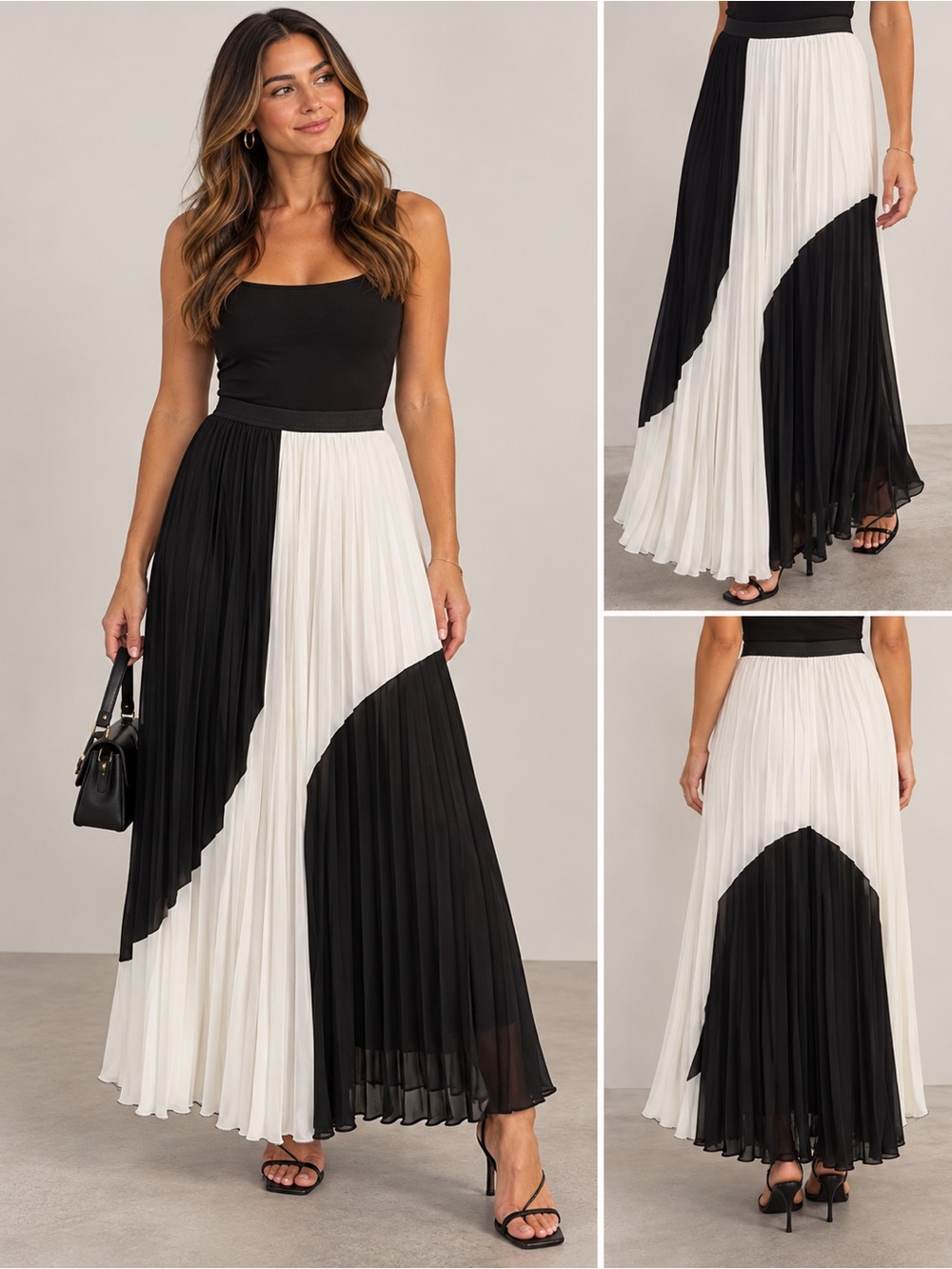 WD.NY Black & White Asymmetrical Pleated Maxi Skirt